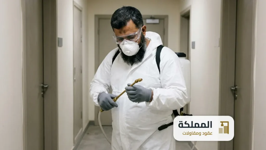 شركة مكافحة حشرات معتمدة: فني بقناع ونظارة واقية يفحص فوهة رشاشه قبل معالجة ممر خدمة بفندق