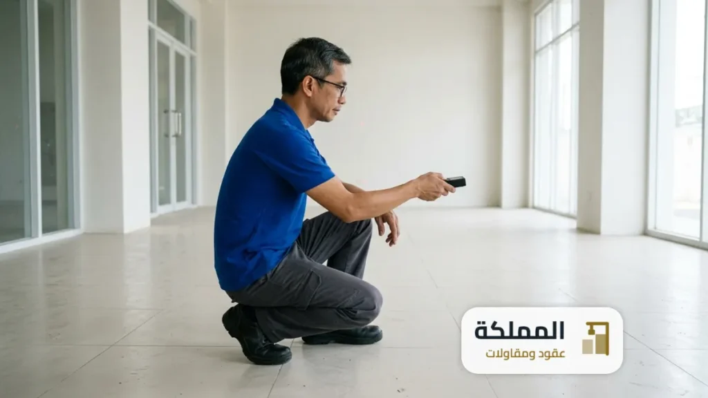 مندوب يقيس ارضية المحل بجهاز قياس ليزري لمعرفة المساحة قبل التجهيز