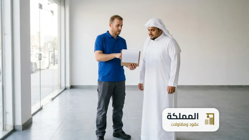 شروط رخصة بلدي: مندوب يراجع قائمة تحقق مع صاحب المحل داخل وحدة تجارية جديدة فارغة