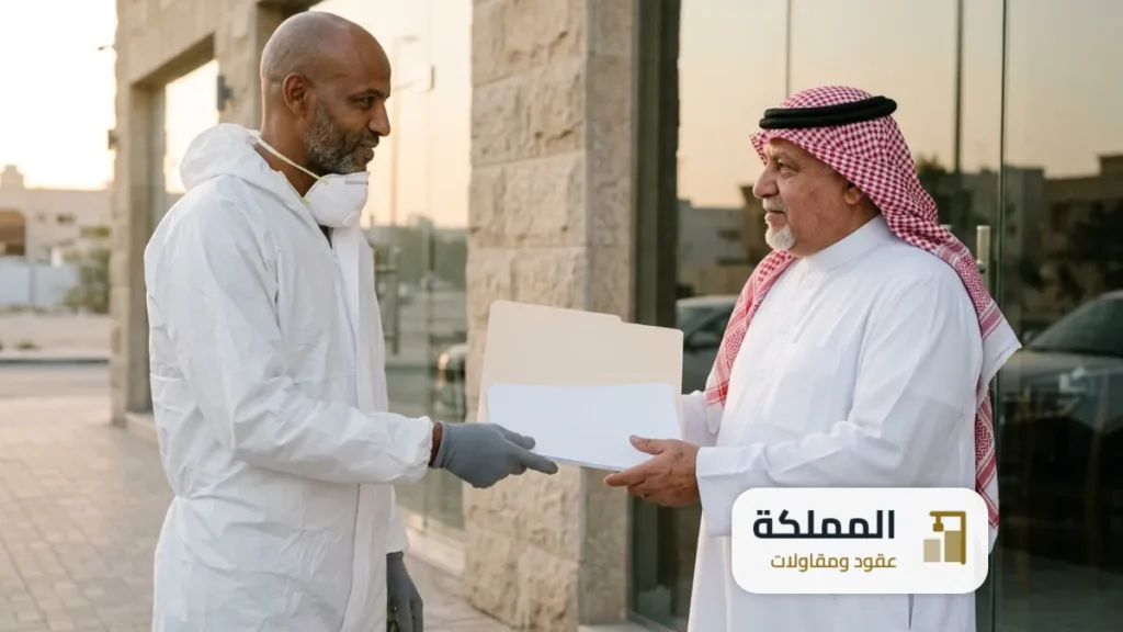 فني مكافحة يسلم ملف اوراق لصاحب مطعم عند مدخل المطعم في الخبر