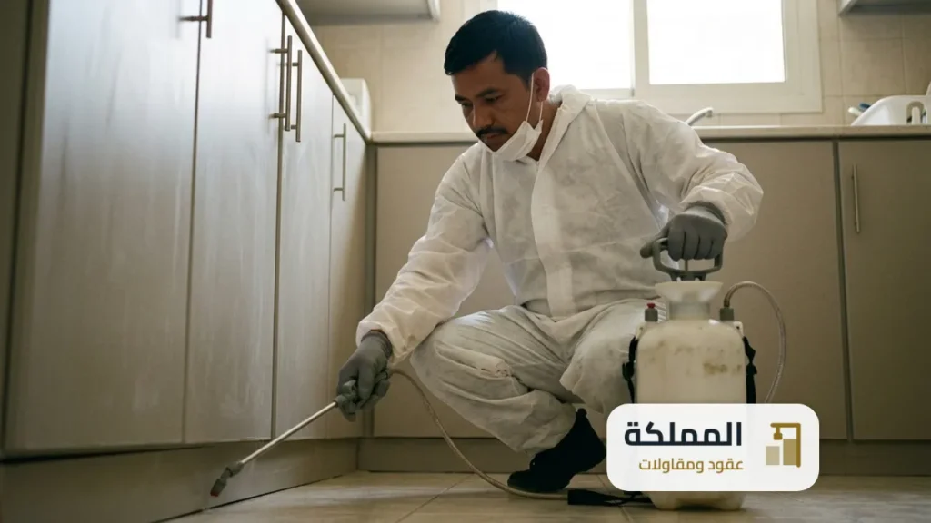 سعر عقد مكافحة حشرات: فني يرش مبيدا على حواف جدران مطبخ شقة سكنية