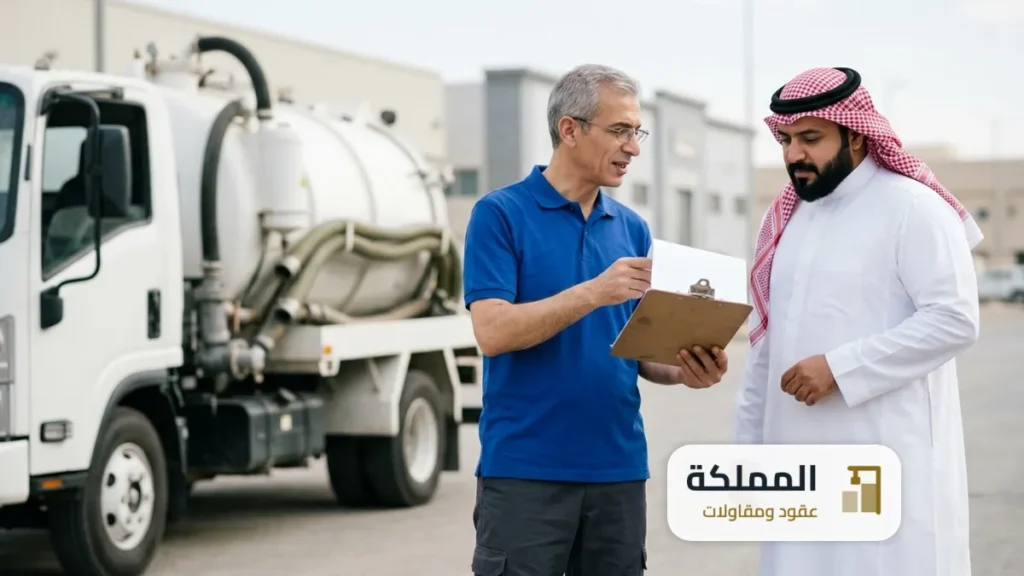 مندوب يشرح لعميل بثوب ابيض وشماغ احمر ورقة بيانات بجانب صهريج الشفط