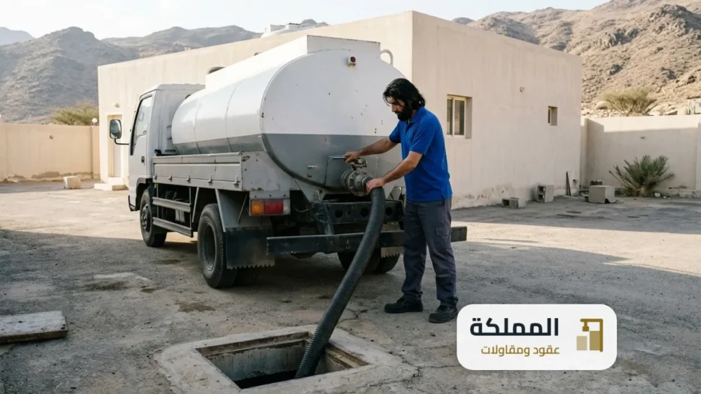 سعر عقد صرف صحي: صهريج شفط يفرغ بيارة فندق صغير عبر خرطوم داخل غطاء خرساني