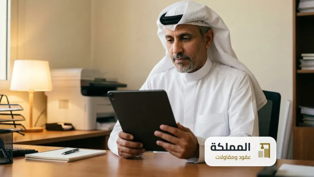 صاحب المتجر في المكتب الخلفي يتابع اجراءات التجديد على جهاز لوحي