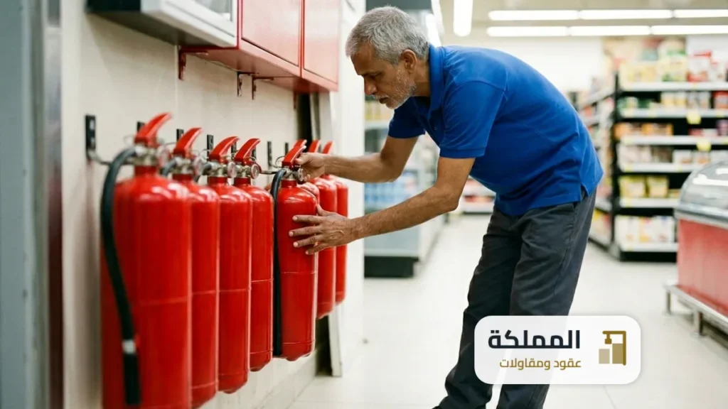تجديد رخصة الدفاع المدني: فني يفحص صف طفايات حريق حمراء معلقة في ممر سوبرماركت
