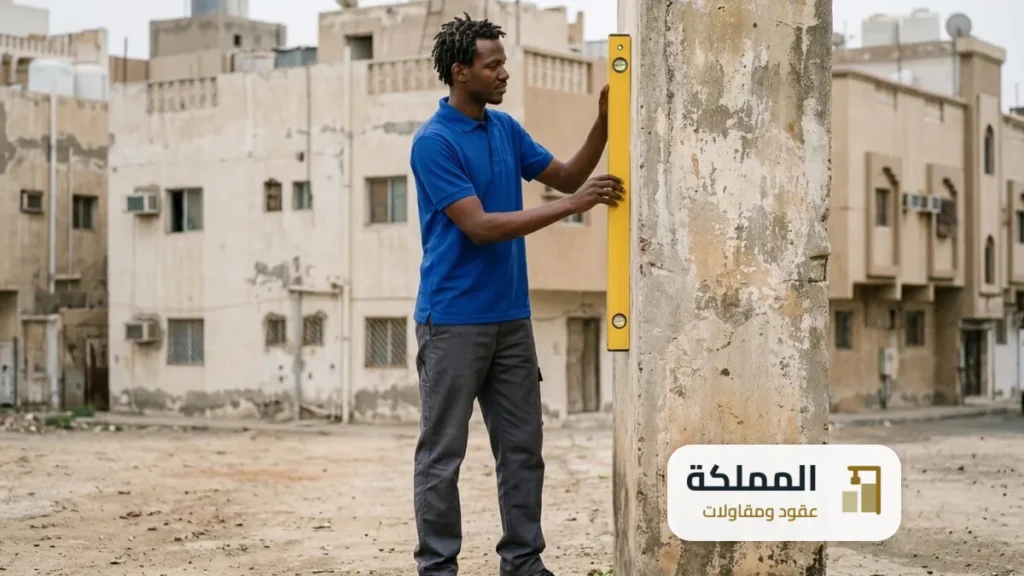 مهندس مساعد يقيس ميل عمود قديم بجهاز قياس رقمي في مبنى متهالك