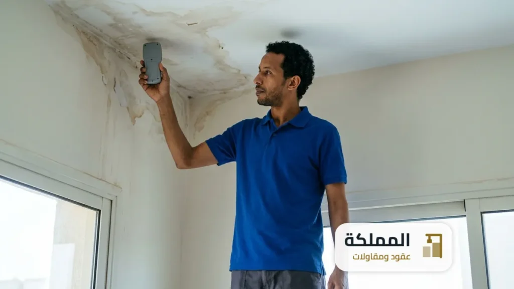 مهندس يقرّب جهاز قياس الرطوبة من زاوية سقف رطبة عليها اثر تسرب مياه في شقة