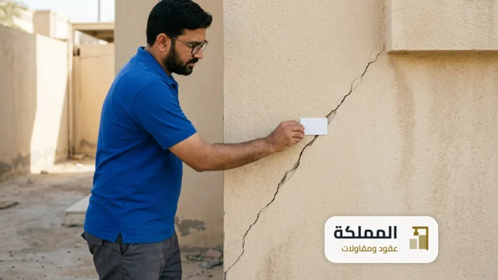 تقرير فني للشروخ: مهندس يضع بطاقة قياس عرض الشرخ على شرخ قطري في جدار فيلا