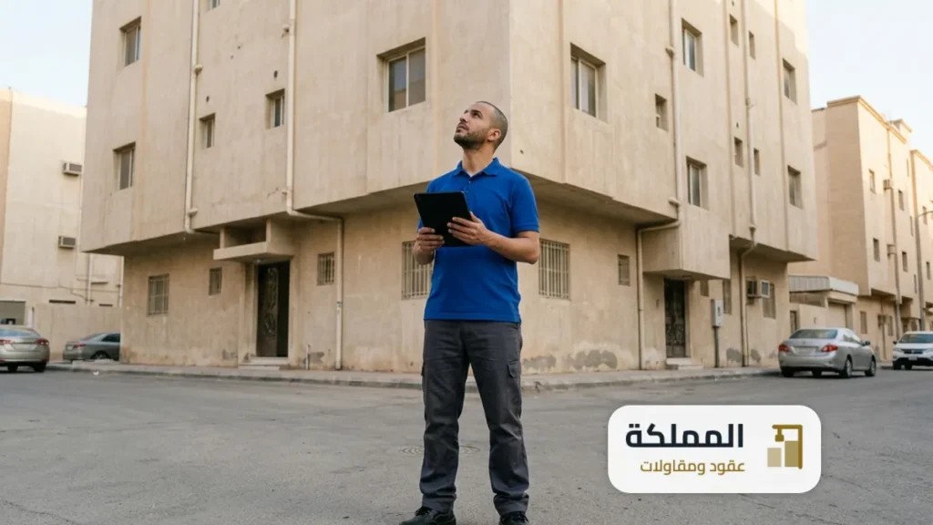 مهندس يفحص واجهة مبنى قديم من اربعة ادوار وبيده جهاز لوحي