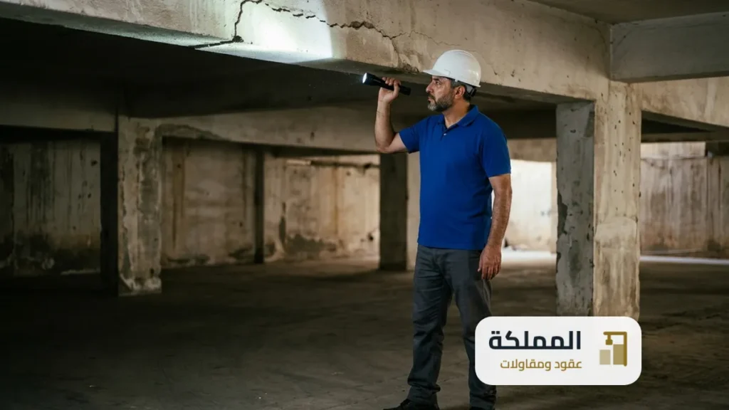 تقرير سلامة المباني: مهندس انشائي يضيء بكشاف شرخا في جسر خرساني بقبو مواقف مبنى قديم