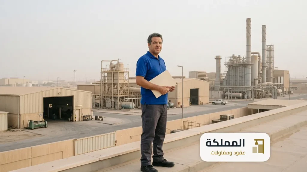 التصنيف البيئي للمنشآت: مستشار بيئي يطل على منطقة صناعية فيها ورشة ومصنع ومنشأة كبيرة