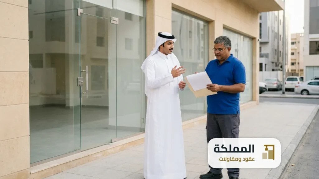 صاحب محل يتحدث مع ممثل شركة صرف صحي امام واجهة المحل وبيده ملف اوراق