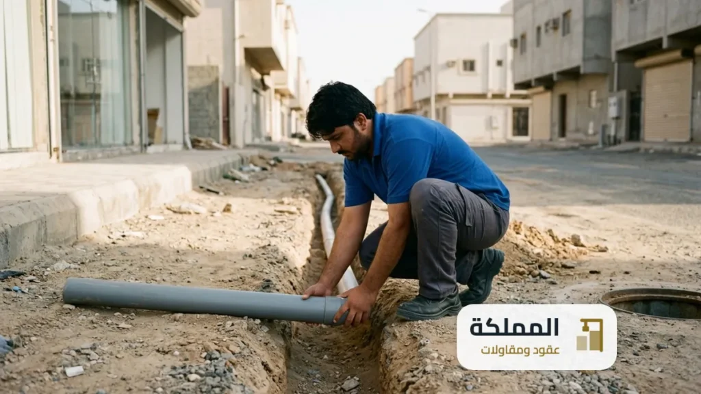 توصيل صرف صحي لمحل: عامل يمد انبوب الصرف في خندق حتى غرفة التفتيش